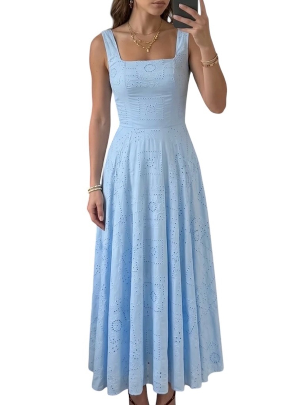 Commense Square Neck 100% Cotton Eyelet Embroidery Maxi Dress XL NWT Light Blue